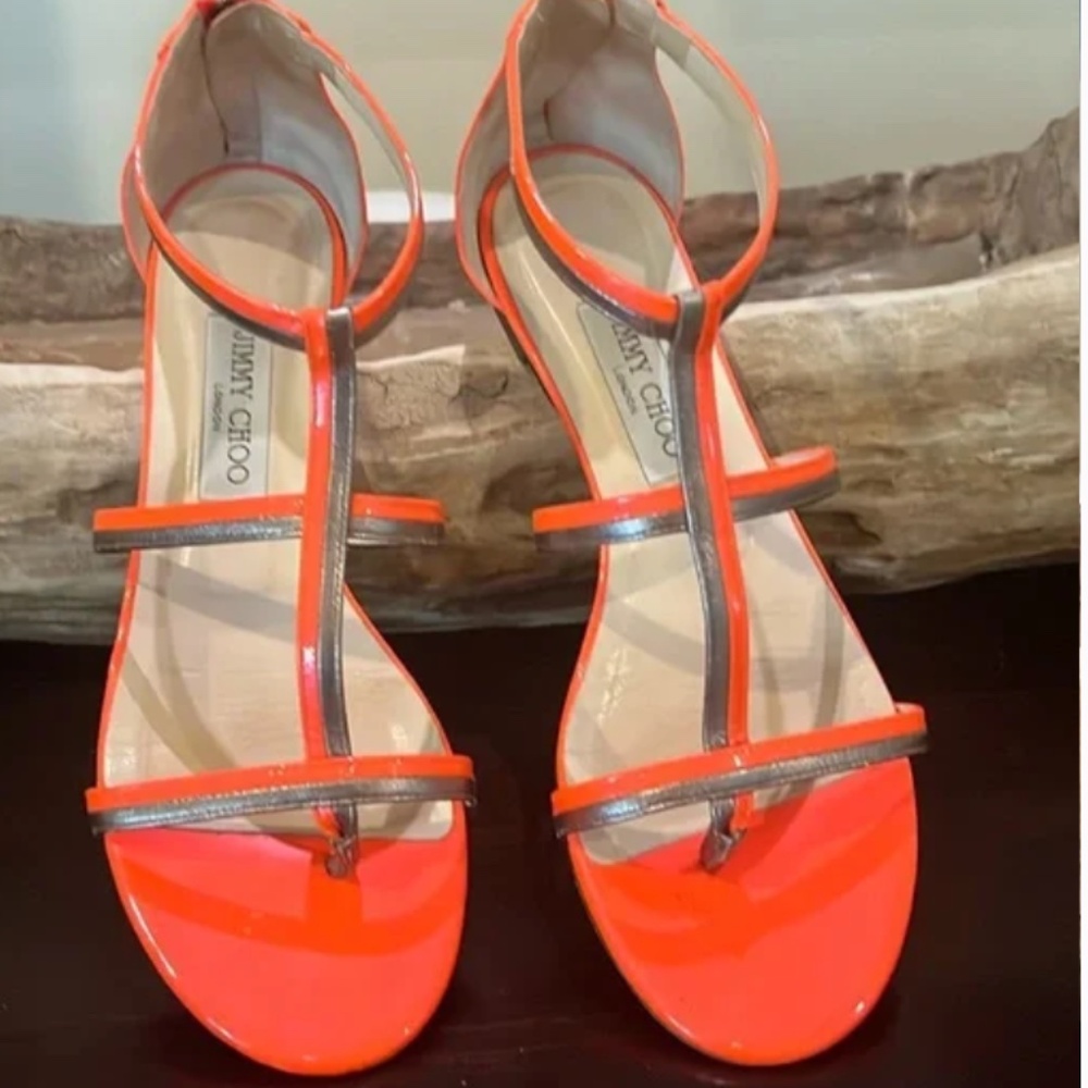 Jimmy Choo ‘Tabitha’ T-Strap Sandal Size 8.5US/ 39EU Neon Flame/Anthracite